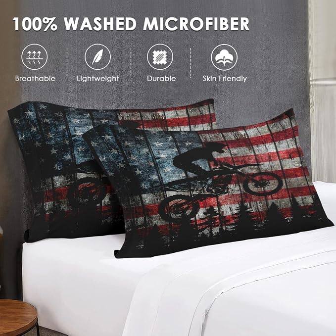 WeCozy 7 Pcs King Size Comforter Set with 2 Pillowcases & 2 Shams, American Flag Wood Vintage Motocross Bedding for Kids and Adults, Motorcycle Bed in a Bag with Flat Fitted Sheet