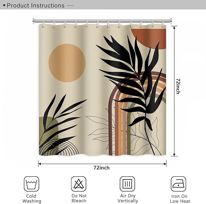 Abstract Mid Century Bohemian Bathroom Shower Curtain Eucalyptus Leaves Colorful Arch Sun Shower Curtain with Hooks Waterproof Fabric Polyester Shower Curtain Art Home Decor, 72x72 Inch