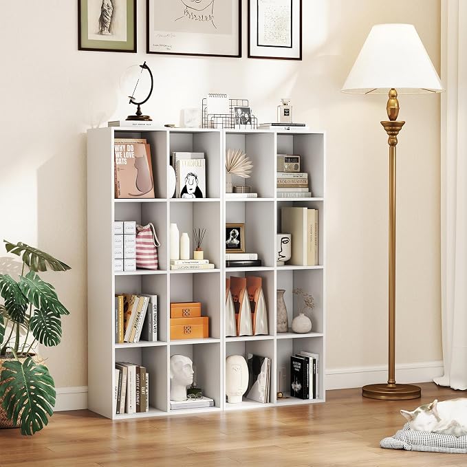 Tangkula 8-Cube Bookcase, Large Floor Standing Horizontal Bookshelf with 8 Open Shelves & 2 Anti-Tipping Kits, Home Office Wooden Storage Book Shelf for Living Room, Study (White, 8-Cube)