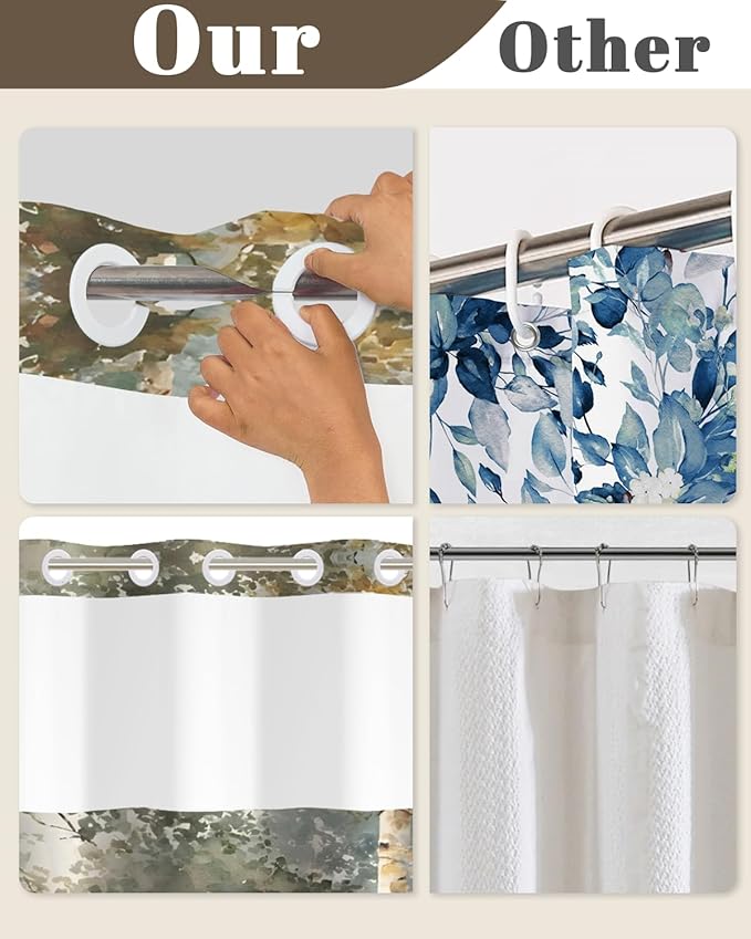 No Hook Bathroom Shower Curtain and Liner Set, Birch Tree Forest Print Double Layer Waterproof Fabric Bath Tub Curtain with Snap in Liner, See Through Top, 71 x 74 Inch