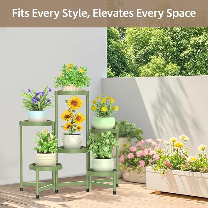 LASZOLA 6 Tiered Plant Stand Indoor Outdoor with Plastic Tray, Corner Folding Tall Flower Display Rack, Modern Plant Holder Shelf for Outdoor Patio Porch Garden Office Living Room, Green
