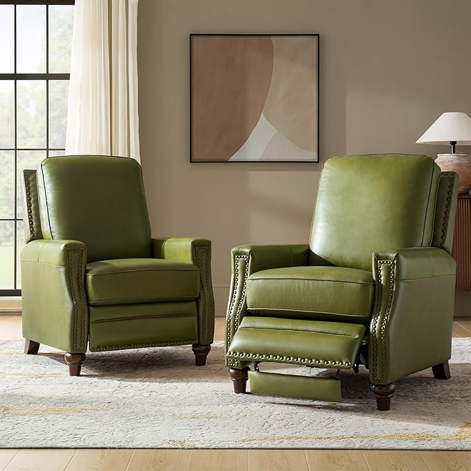 HULALA HOME Genuine Leather Recliner Chair Set of 2, Classic Push Back Recliner Armchair with Thick Seat and Backrest (Olive)