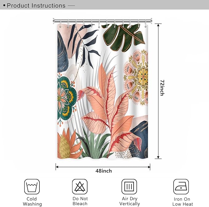 Abstract Mid Century Bathroom Shower Curtain - Colorful Boho Tropical Leaves With Hooks, Polyester Waterproof Fabric, Home Bathtub Decorative, 48x72 Inch