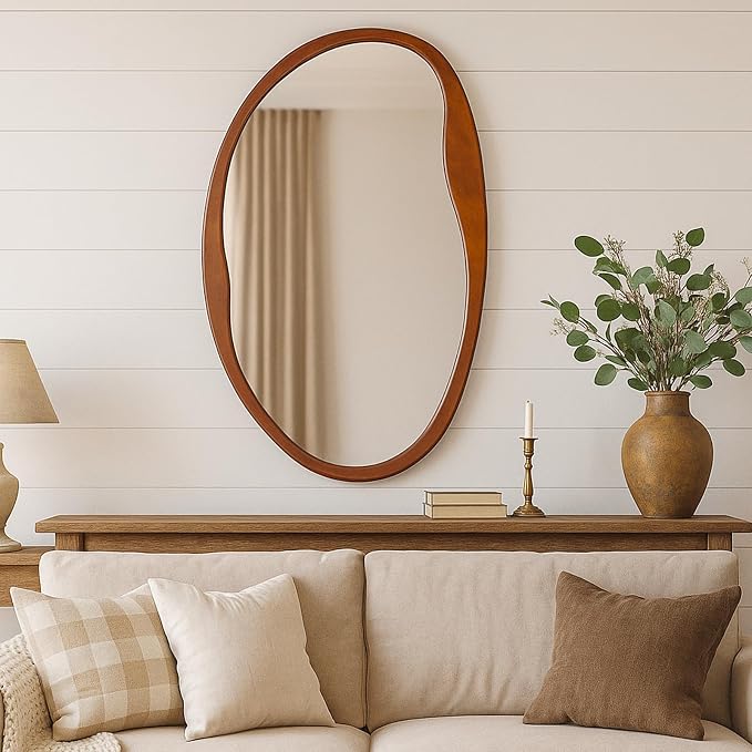 Asymmetrical Wood Mirror, Irregular Wall Mirror, Walnut Wooded Framed Wave Mirrors for Bathroom, Bedroom, Living Room, Entryway, Farmhouse Mid Century Modern Mirrors(36" H x 20" W)