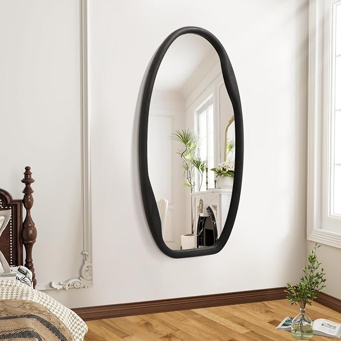 JJUUYOU Irregular Wall Mirror Black Wood Frame Mirrors for Wall 40"X20" Large Asymmetrical Hanging Mirror Modern Horizontal or Vertical Mirrors for Living Room Bathroom Entryway Bedroom Farmhouse
