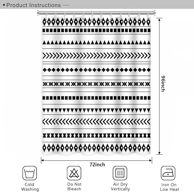 Black and White Fabric Bathroom Shower Curtain Boho Abstract Geometric Pattern Waterproof Polyester Shower Curtains for Modern Minimalist Artistic Aesthetic Home Decorative, 72x96 Inch