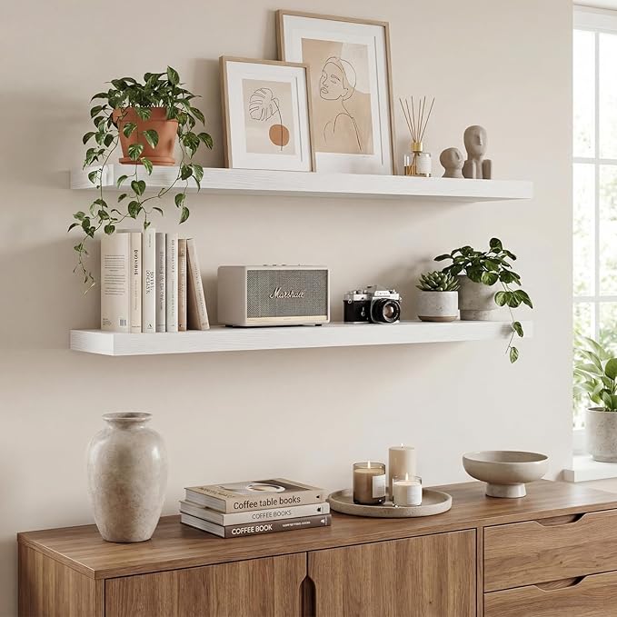 INHABIT UNION White Floating Shelves Set of 2, 35in Wall Mounted Display Ledge Shelves for Bedroom Bathroom Living Room and Kitchen Decoration Storage