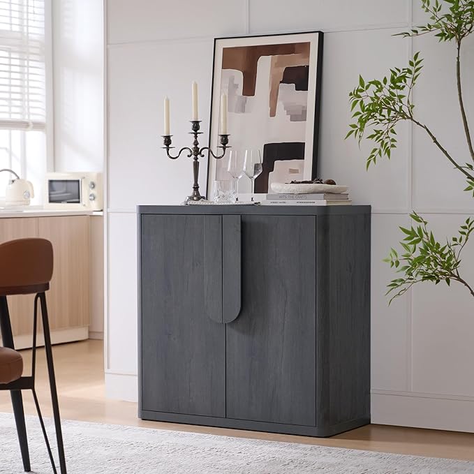 34.5'' Sideboard Buffet Cabinet W/Storage, Modern Accent Cabinets W/Curved Handles & Adjustable Shelves, 2 Doors Coffee Bar Buffet Table Credenza for Living Room Kitchen Hallway, Natural Oak