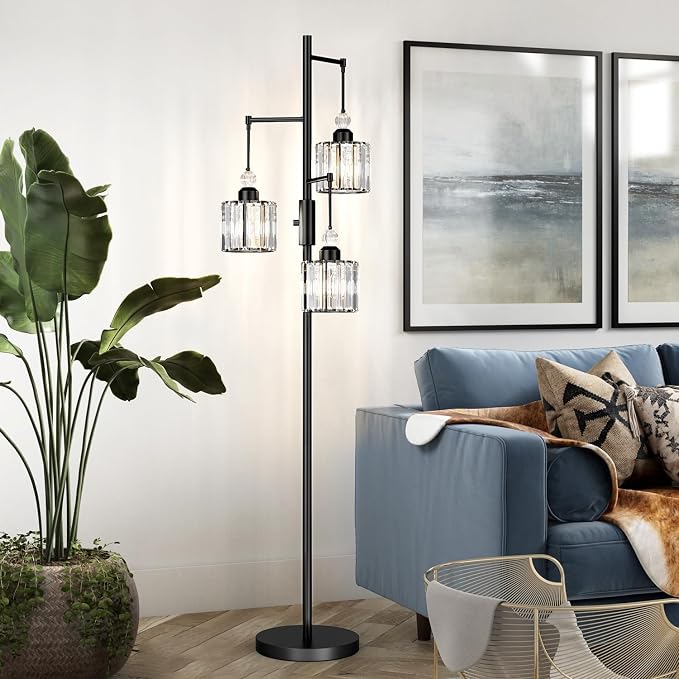 Black Tree Floor Lamp with 3 Crystal Cage Lampshades & Dimmable Bulbs - 70" Vintage Glam Standing Lamp for Living Room Bedroom, Industrial Modern Decor with Crystal Ball Accents (Black)