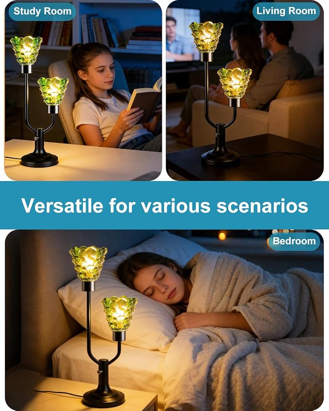 Lightdot Green Glass Table Lamp for Living Room Dimmable Mid Century Modern Vintage Desk Lamp Black Nightstand Lamp 2 Bulbs Included Warmwhite Ambient Bedside Lamp for Bedroom Home Office Decor Gift