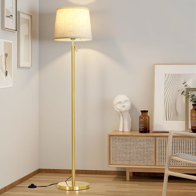 Modern Floor Lamp for Living Room and Bedroom- 55"-67" Height Adjustable Standing Lamps with Dimmable LED Bulb and Remote Control-Bright Tall Stand Light with Shade for Corner Lighting (Gold)