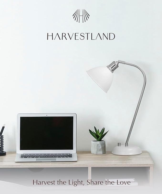 HarvestLand Halo Silver White Adjustable Desk Lamp – Pharmacy Style Table Lamp, Metal Reading Lamp with Solid Base, Industrial Desk Lamps for Home Office, Bedside Lamp for Bedroom