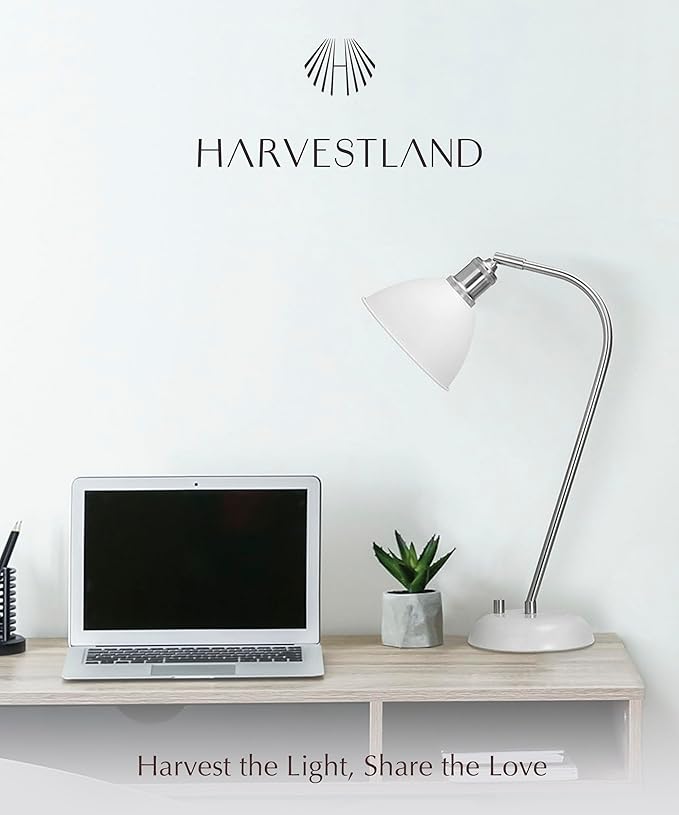 HarvestLand Halo Silver White Adjustable Desk Lamp – Reading Lamp, Pharmacy Style Metal Desk Lamp, Industrial Table Lamp with Solid Base for Bedside Table, Task Lamp Home Office, Best Gifts