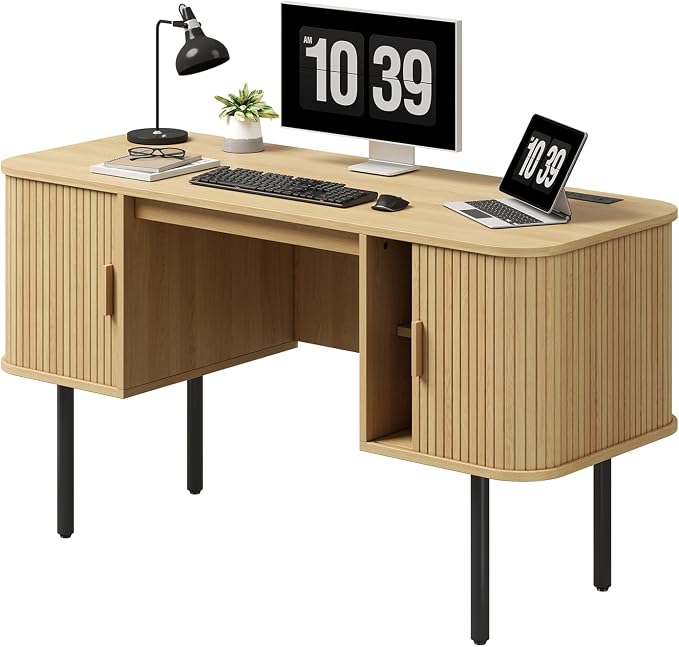ONBRILL 55 Inch Fluted Computer Desk with Charging Station, Mid Century Executive Desk with 2 Storage Cabinets, Modern Home Office Large Desk with Metal Legs for Working, Studying, Writing Oak
