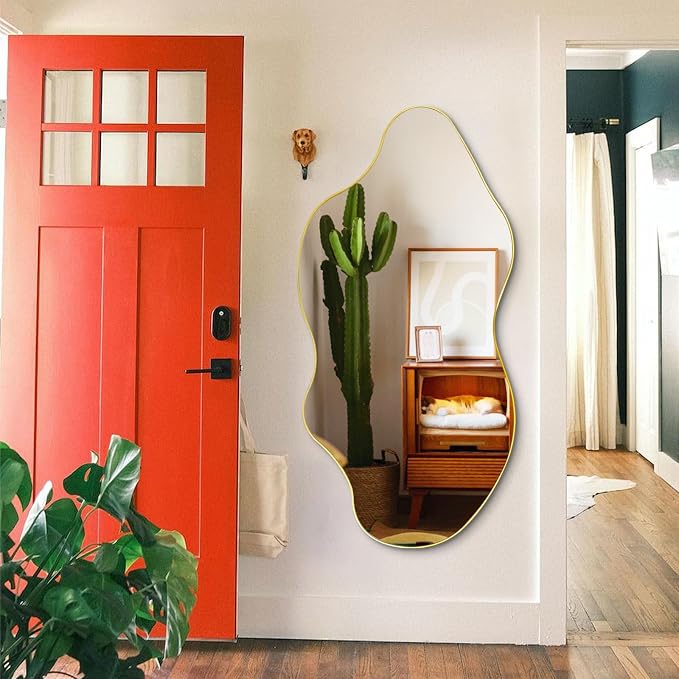 Gold Irregular Mirror, 52"x25.5" Large Asymmetrical Aesthetic Wall Mirror, Modern Abstract Frameless Mirrors for Living Room Bedroom Entryway Hallway, Hangs Vertically or Horizontally