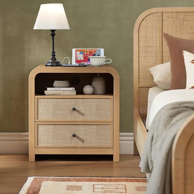 Oak&Sparrow Rattan Nightstand, 23.6'' Rattan End Table with Ample Storage, Boho Nightstand with Charging Station, Thickened Curved Profile Design, Oak Nightstands for Living Room, Bedroom