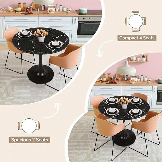 Round Dining Table 31.5" Faux Marble Black Tulip Table with Pedestal Base for 2-4 People Small Space - Kitchen Living Room Cafe