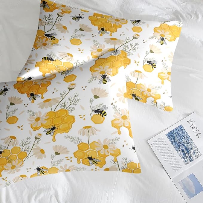 Pamnest Comforter Set Twin Size, Bees Honey Flower 5 Pcs Bedding for Kids and Adults, Spring Floral Summer Bed Sheet Sets with Fitted Sheet Pillowcase & Sham for Bedroom Bed Decor