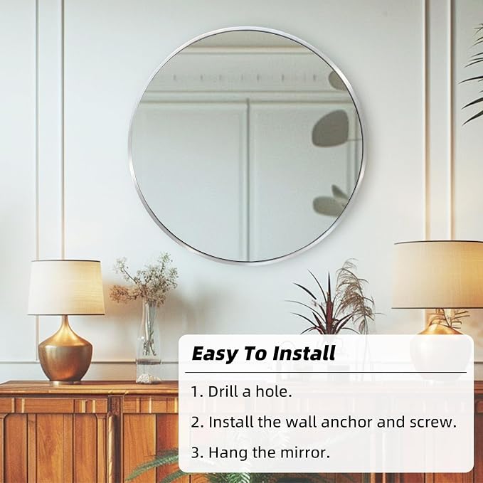 Silver Round Mirror, Circle Mirror 24 inch, Silver Round Bathroom Mirrors, Circle Wall Mirrors for Bathroom, Living Room, Hallway, Vanity, Over Sink, Mantel
