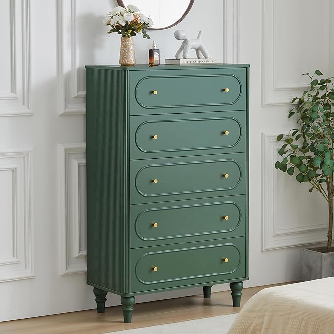 ORRD Fluted 5 Drawer Dresser for Bedroom, Mid Century Modern Chest of Drawers, Wood Storage Large Dresser Organizer for Bedroom Living Room Hallway Closet, Green