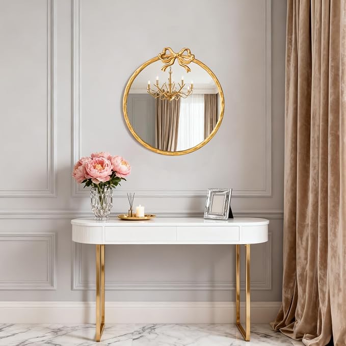 24 Inch Vintage Gold Round Wall Mirror, Antique Ornate Metal Circle Mirror with Baroque Bow Decor for Bathroom Vanity, Bedroom, Living Room, Hallway (Gold, 24" Lx24 W)