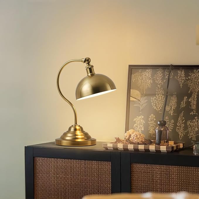 KARTOOSH Cordless LED Table Lamp, Battery Operated Desk Lamps with Swing Arm & Plastic Shade, Vintage Small Rechargeable Dimmable Light for Bedroom, Living Room, Nightstand, Brass