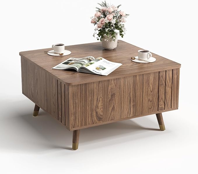 Square Lift Top Coffee Table with Storage,32" Mid Century Modern Walnut Center Table with Rising Desktop for Work & Dining, Walnut Finish