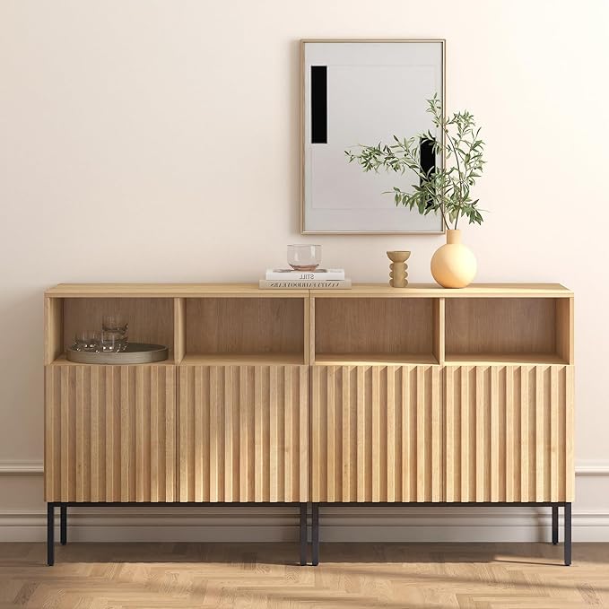 Set of 2 Oxford Fluted Storage Cabinet, Sideboard Buffet Credenza with Doors, Accent Console for Living Dining Room, Entryway