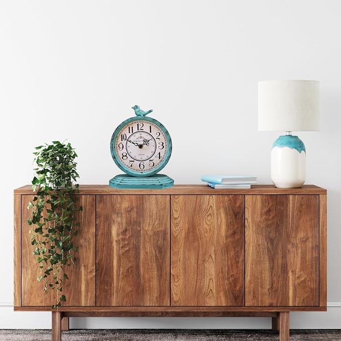HZDHCLH Vintage Table Clock with Bird,Retro Mantel Clock Battery Operated,Metal Clock for Living Room Shelf Desk Table Fireplace Decor (Green)