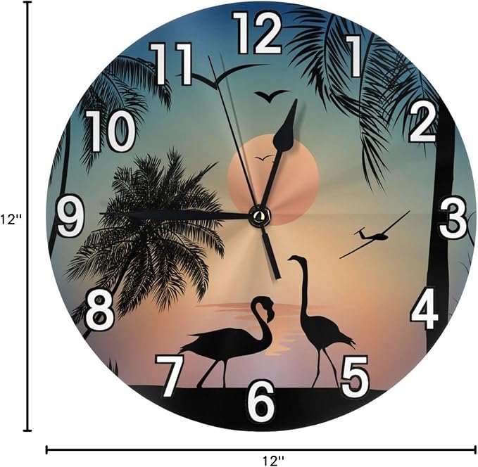 Flamingos Walk on the sea Beach Wall Clock Battery Operated Silent Round Clock Wall Decor for Home Office School, 12 Inch