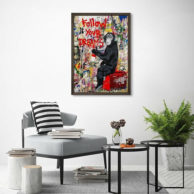 Banksy Canvas Wall Art Monkey Follow Your Dreams Street Graffiti Wall Art Banksy Prints Gorilla Poster Monkey Artwork Graffiti Pictures Painting for Home Living Room Decor 12x16 Inch Wood Framed