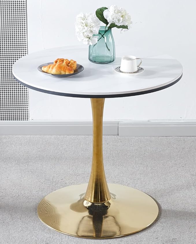 31.5" Marble Round Dining Table, Modern White and Gold Tulip Kitchen Table with Marble Tabletop & Sturdy Pedestal Base, Tulip Shape Table for Small Places, Living Room, Office, Cafe