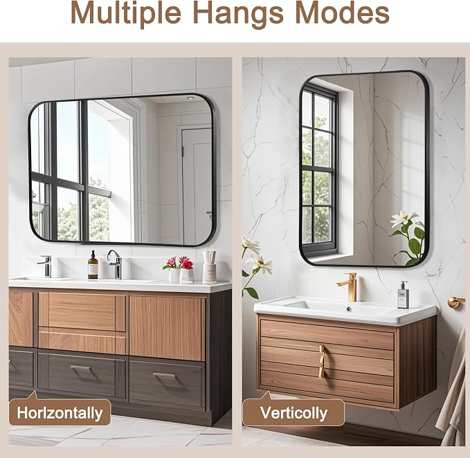 Matte Black Mirror, 24"x36" Rectangle Bathroom Mirror, Metal Frame Rectangle Corner Vanity Mirror, Wall Mounted Mirror for Modern, Living Room, Bedroom, Horizontal Or Vertical