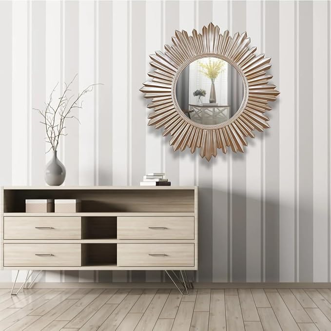 Armanda Collection Sunburst Round Wall Mirror Handmade Resin Frame Decorative Home Accent (Taupe, 47x47 cm)