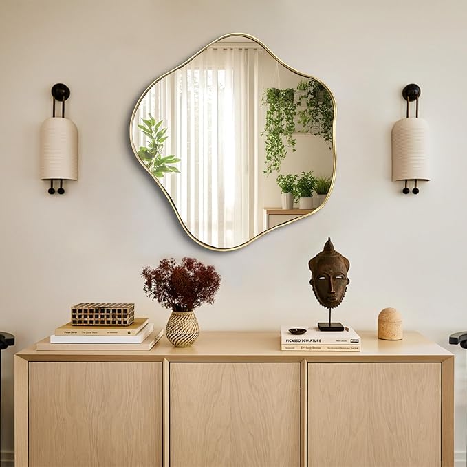 Asymmetrical Wall Mirror, 24" Irregular Shaped Mirror with Gold Frame, Wavy Round Mirrors Decorative, Modern Scalloped Mirrors for Living Room Bathroom Bedroom Hallway Entryway Fireplace