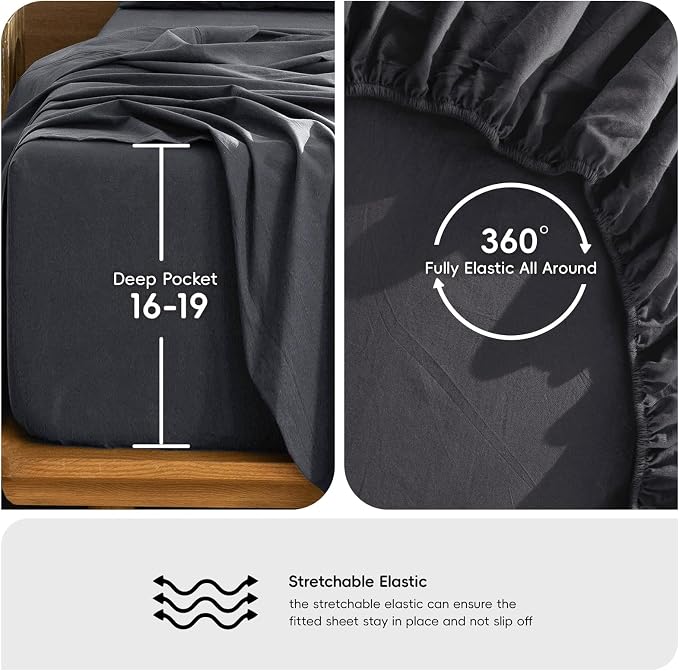 MooMee Bedding Sheet Set 100% Washed Cotton Linen Like Textured Breathable Durable Soft Comfy (Solid Deep Grey, Queen)