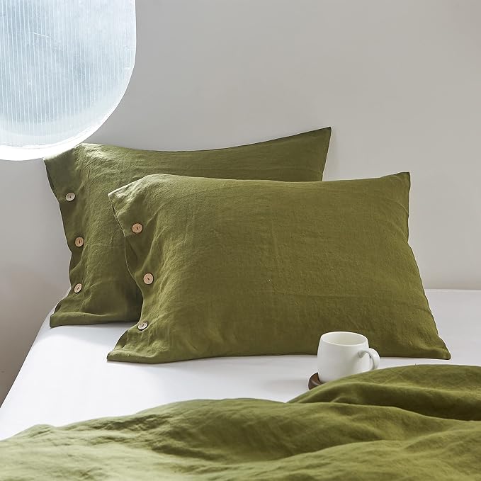 Simple&Opulence 100% Linen Duvet Cover Set 3pcs with Coconut Button Closure Natural French Washed Flax Solid Color Soft Breathable Farmhouse Bedding - Olive Green, King Size