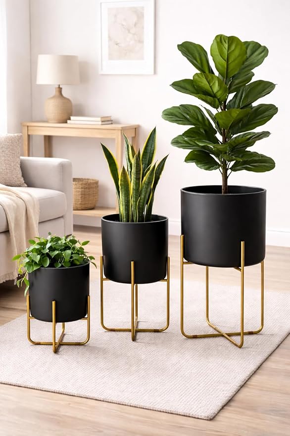 Kirpi Modern Planter Pots, Set of 2 Round Large Black Planters with Gold Stand, Decorative Floor Planters, Metal Pots with Drainage Holes for Living Room, Office, Garden, 9 and 11 Inch Diameter