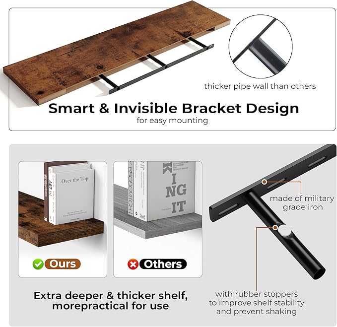 Fun Memories 55 Inch Floating Shelves for Wall, Fireplace Mantel Shelf with Invisible Heavy Duty Bracket, 8 Inch Deep Storage Shelf for Living Room, Kitchen, Farmhouse, Brown