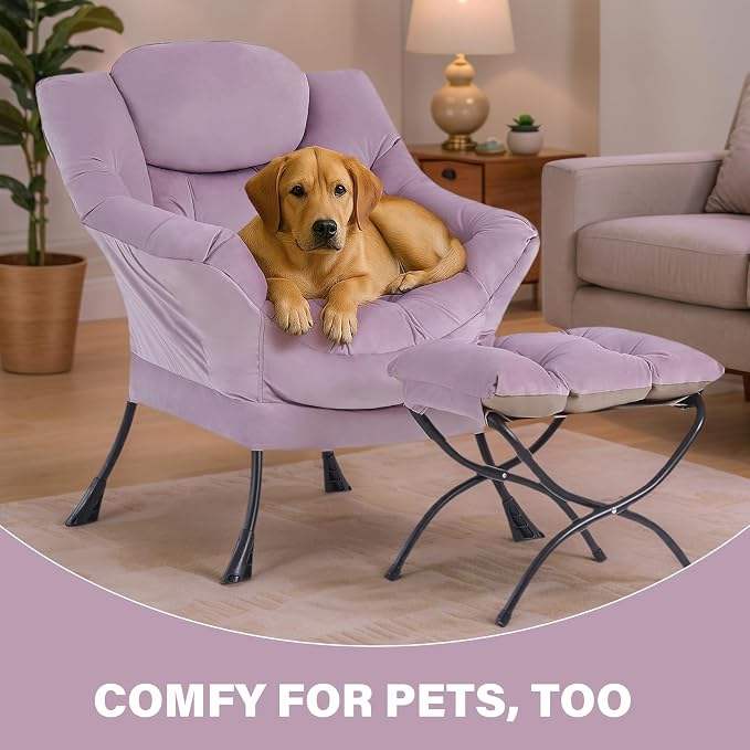 Tiita Lazy Chair with Ottoman, Purple Modern Large Accent Armchair, Comfy Leisure Sofa Reading Chair with Footrest for Bedroom, Living Room, Dorm Rooms, Garden, Velvet Light Purple