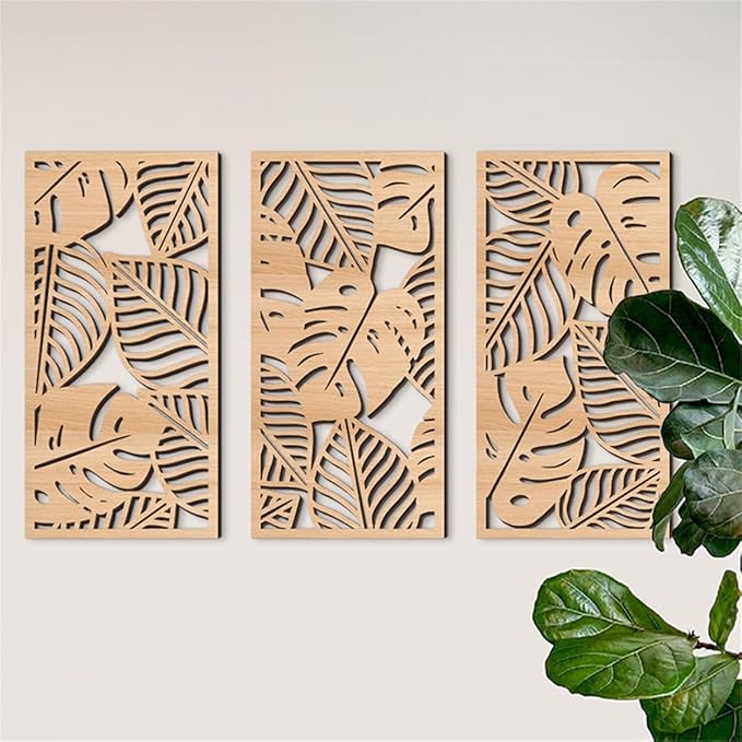 3 Pcs Tropical Leaf Wood Wall Art Decor, Wooden Palm Leaves Wall Hanging Decor, 3D Hollow Carved Craft Art Set, Boho Abstract Wall Sculptures Panels Decoration for Home Living Room Bedroom Kitchen (A)