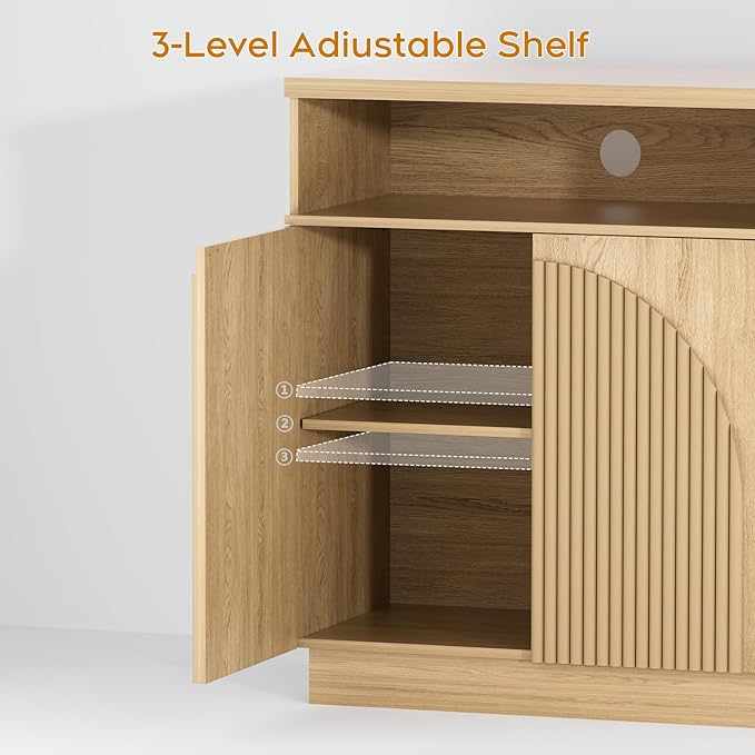 Yechen Fluted Sideboard Buffet Cabinet with Arched Reeded Doors, Mid Century Modern Credenza Storage Cabinet with Adjustable Shelves, TV Stand for Living Room Kitchen Entryway/2 Pieces/Natural Oak