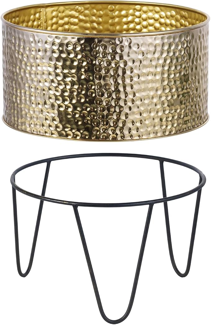 MyGift Modern Brass Tone Metal Planter Pots with Pebbled Texture, Hammered Plant Containers with Matte Black Wire Stands, 2 Piece Set, 8 and 10 Inch - Handcrafted in India