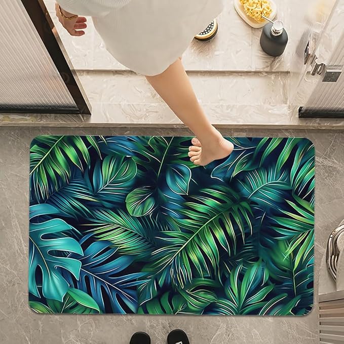 Bath Mat Rug,Green blue tropical leaves Non Slip Quick Dry Super Absorbent Thin Bathroom Rugs Fit Under Door-Easy to clean Bathroom Floor Mats-Shower Rug for Shower Sink Bathtub(17" x 27.5"In)