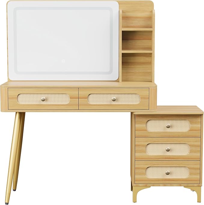 47" Mid-Century Modern Makeup Vanity Table with Mirror & Lights Vintage Vanity Desk with 3-Color Dimming Light 5 Drawers 3 Open Shelves Natural Wood Vanity with Rattan Decor & Metal Legs