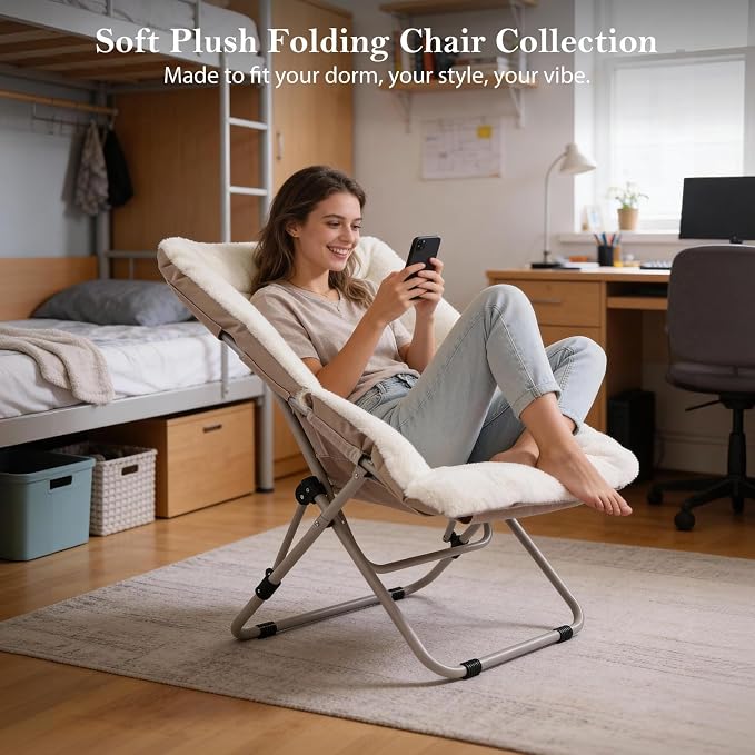 Furlide Saucer Chair, Comfy Bedroom Chairs, Oversized Folding Faux Fur Chair, Foldable Metal Frame Chair for Living Room, Balcony, Patio, Study, Playroom (Beige)