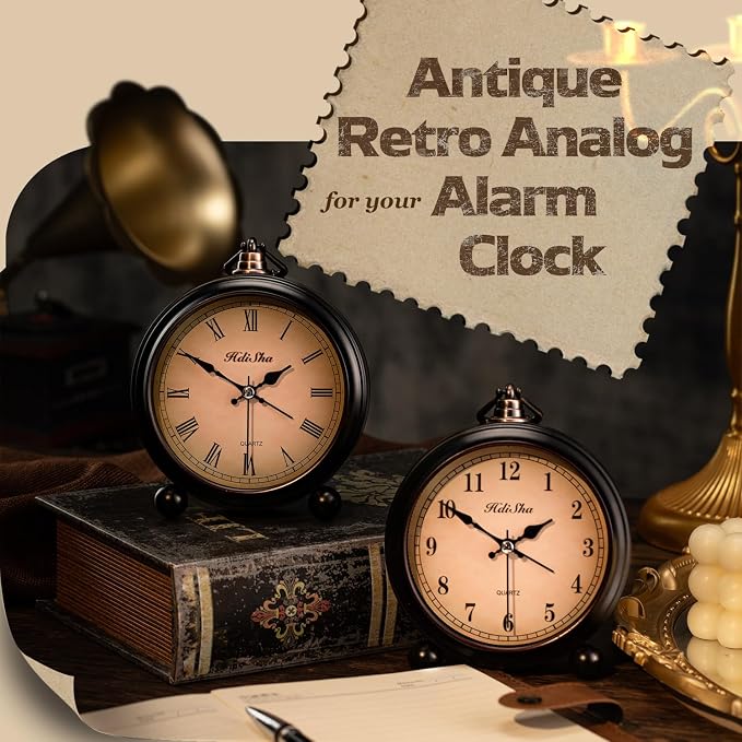 Vintage Alarm Clock, 5 inch Battery Operated Silent Non Ticking Snooze Small Clock with Night Light, Old Fashioned Desk Clock Decor for Bedroom, Bedside, Living Room, Room (Roman)