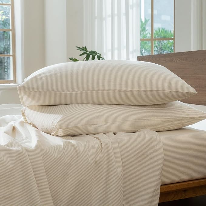 MooMee Striped Duvet Cover Set 100% Washed Cotton Linen Like Textured Breathable Durable Soft Comfy (Almond Milk Grey Pinstripes, King 104"x90")