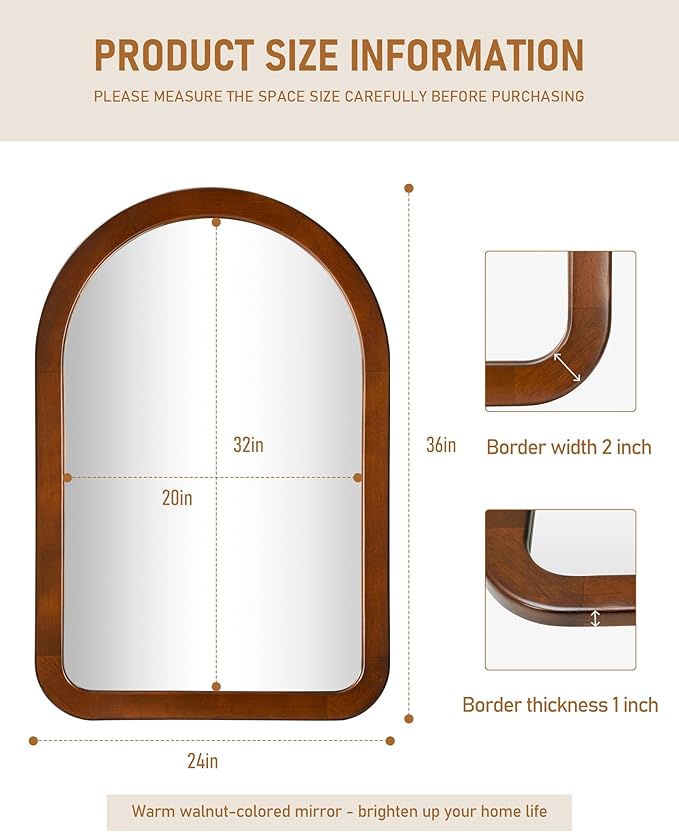Arched Mirror 24 x 36 Inch,Walnut Brown Wood Rustic Bathroom Tempered Wall Mirror with Wood Frame,Round Corner Arch Farmhouse Wooden Vanity Mirror for Living Room,Entryway or Bedroom