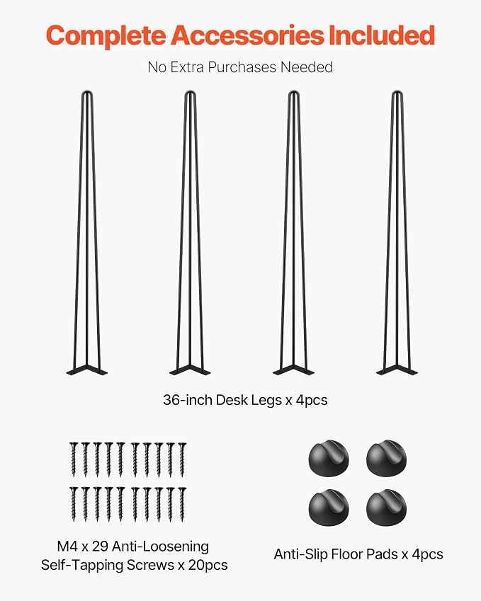 VEVOR Hairpin Table Legs 36 in Black Set of 4 Desk Legs 220 lbs Load Capacity Each Leg Hairpin Desk Legs 3 Rods for Bench Desk Dining End Table Chairs Carbon Steel DIY Heavy Duty Furniture Legs